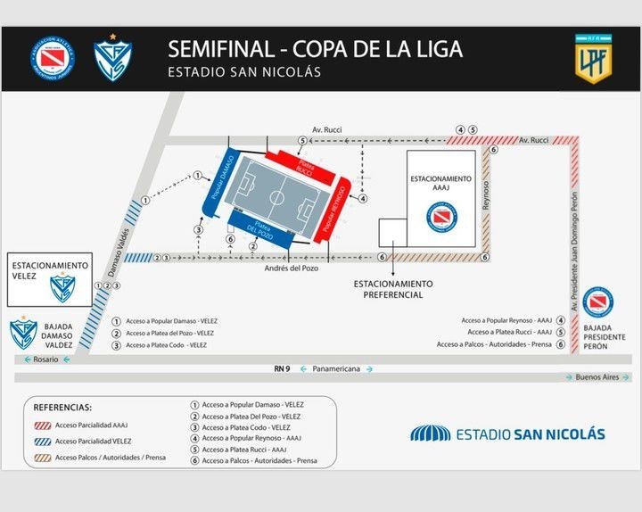 Los accesos de cada parcialidad para la semifinal del domingo en San Nicolás.