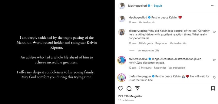 El mensaje de Kipchoge tras la muerte de Kiptum. Foto Instagram