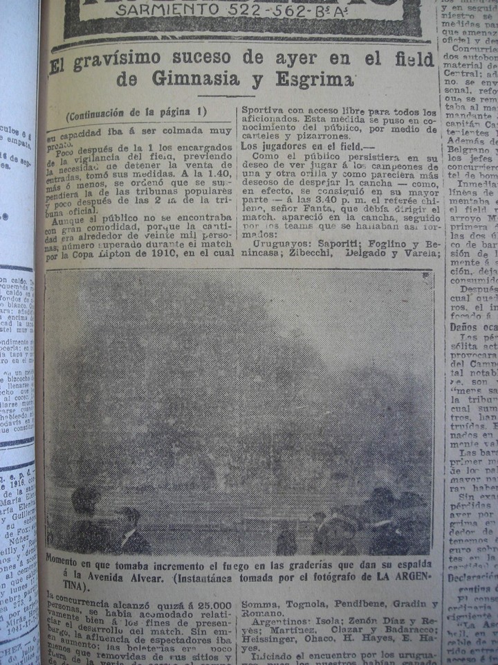 El diario La Argentina brindó una cobertura excepcional por el incendio.
GEBA: el incendio y las vísperas
Trece décadas (1891-2016)

1916   el incendio y las vísperas Trece décadas cobertura noticia diario la argentina Clarin.com Deportes Futbol