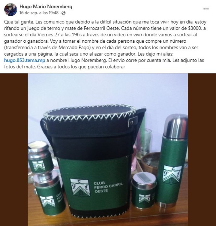 La publicación de Hugo Mario Noremberg en la que invita a participar en el sorteo de un juego de mate.