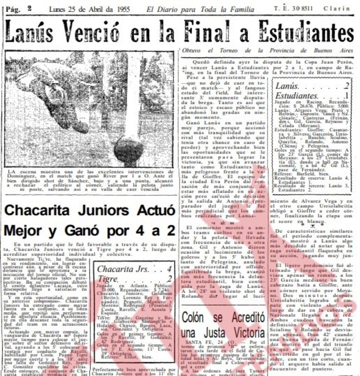 La nota sobre la consagración de Lanús en la Copa Juan Domingo Perón, publicada en Clarín el 25 de abril de 1955.