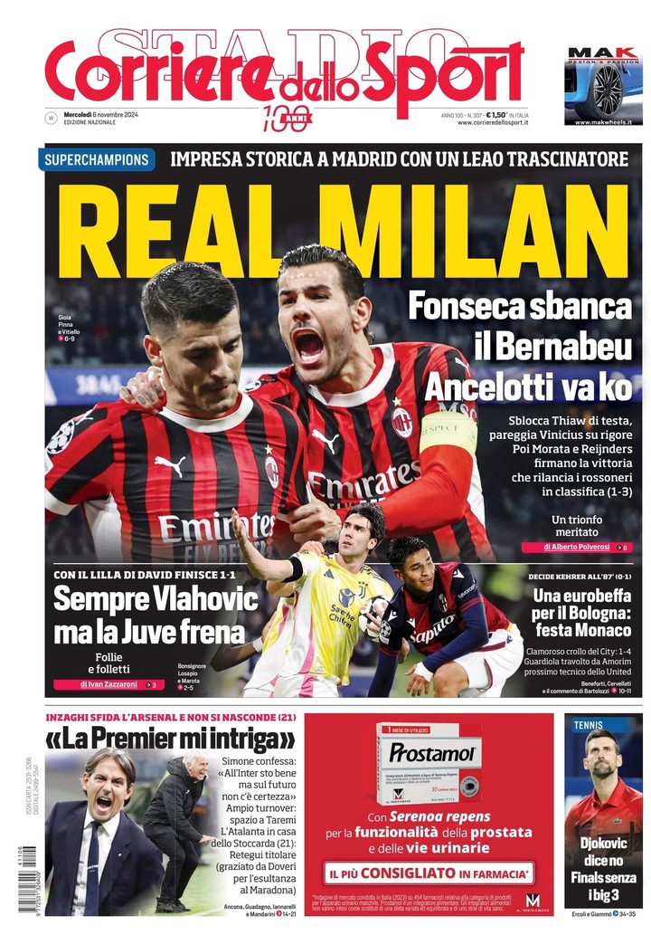 El Corriere dello Sport, otro medio italiano que destacó el triunfo de Milan en la casa del Real Madrid.