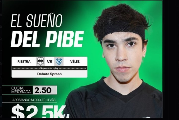 La cuota que ofrecía una casa de apuestas on line y que borró minutos después del anuncio oficial de Deportivo Riestra de que el streamer Spreen será titular.