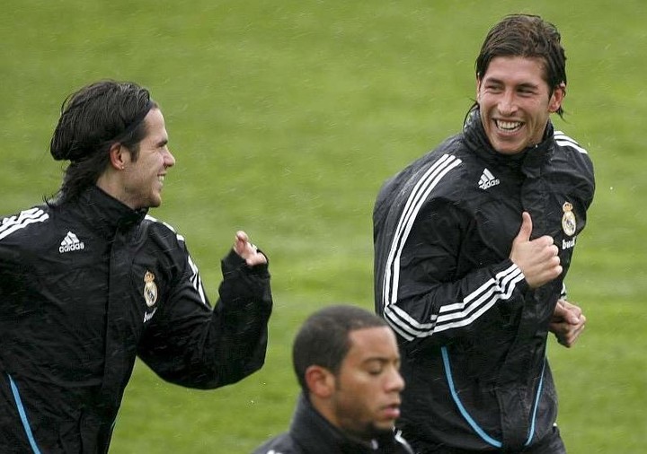 Fernando Gago y Sergio Ramos en un entrenamiento en Real Madrid.