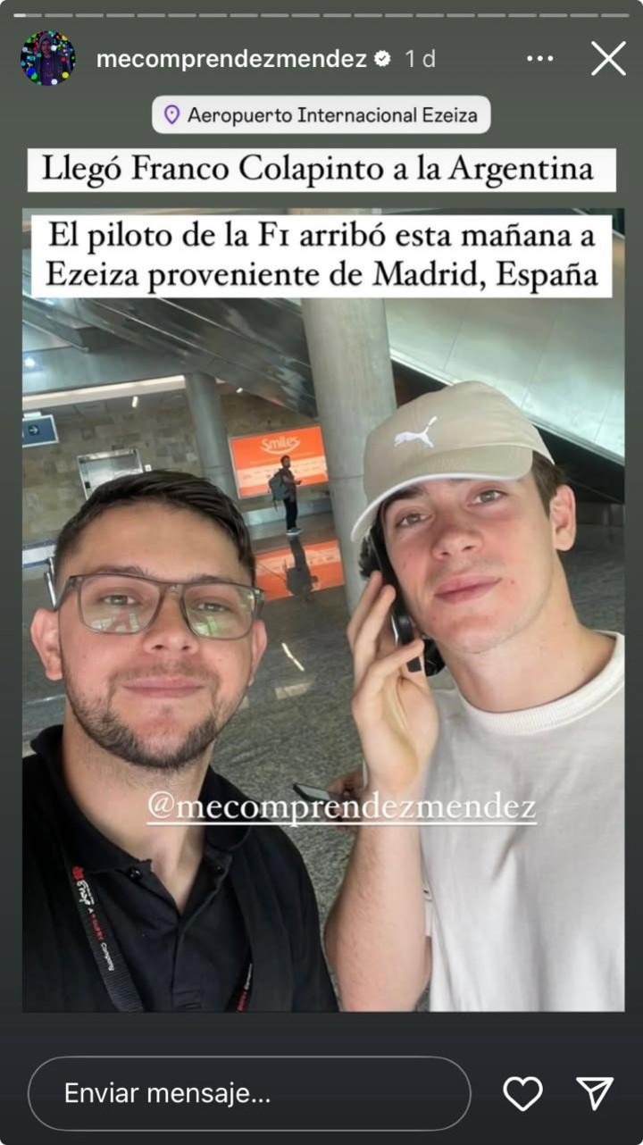 Colapinto llegó a Argentina y no pasó desapercibido en Ezeiza. Foto Instagram