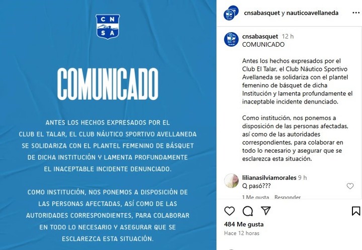 El comunicado del Club Náutico. Foto @cnsabasquet