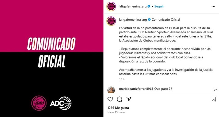 El comunicado de la Liga Femenina. Foto @laligafemenina_arg