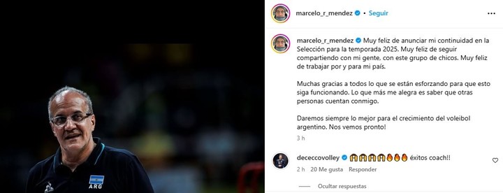 El mensaje de Marcelo Méndez tras la confirmación de su continuidad como entrenador del seleccionado masculino. Foto Instagram