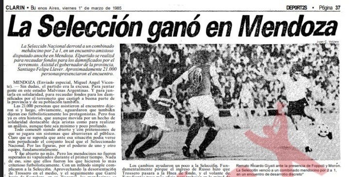 La cobertura de Clarín del partido que el seleccionado dirigido por Carlos Bilardo jugó contra un combinado mendocino a beneficio de las víctimas del terromoto de Mendoza.