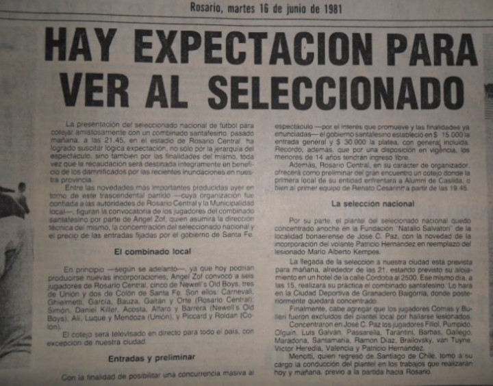 Anuncio del partido de 1981 a beneficios de las víctimas de las inundaciones en Santa Fe con 6 campeones del mundo de 1978.