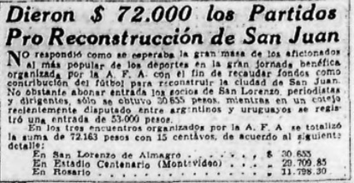 El detalle de la recaudación de los tres partidos a beneficio de las víctimas del terromoto de San Juan publicado por el diaro Crítica el 30 de enero de 1944.